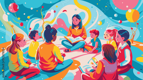 Colorful Children's Book Reading Session with Engaged Kids and Storyteller