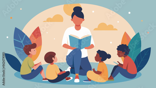 Diverse Children Engaged in Storytime with Teacher Outdoors