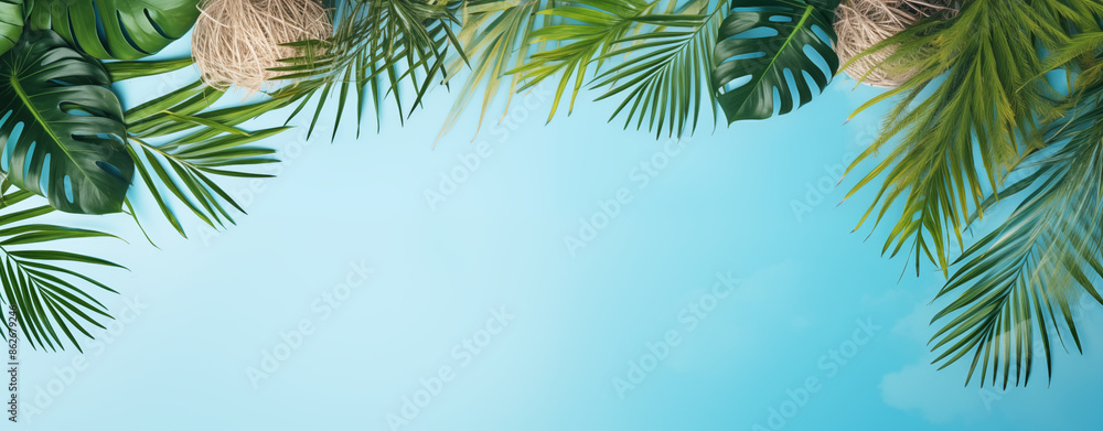 Bannière avec fond bleu ciel, feuilles de monstera, feuilles tropicales sur le côté et chapeau. Coquillage, plage, mer. Vacances, été, soleil, détente. Pour conception et création graphique. Bannière avec fond bleu ciel, feuilles de monstera, feuilles tropicales sur le côté et chapeau. Coquillage, plage, mer. Vacances, été, soleil, détente. Pour conception et création graphique.