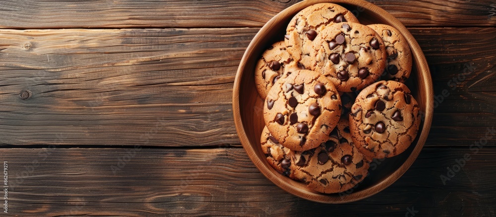 Timber plate with a pile of delicious chocolate chip cookies, beautifully presented with copy space image. Timber plate with a pile of delicious chocolate chip cookies, beautifully presented with copy space image.