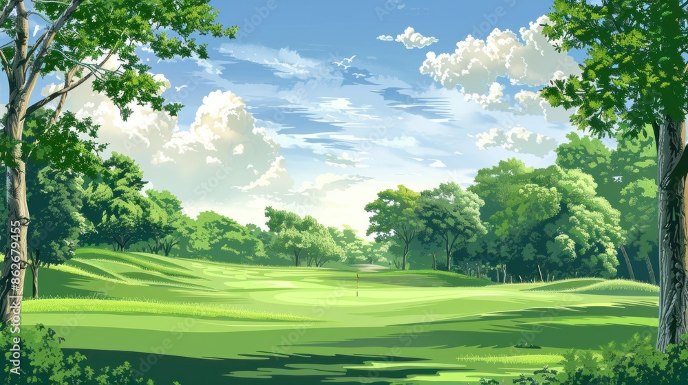 Panoramic view of beautiful natural golf course to use as background image. Panoramic view of beautiful natural golf course to use as background image.
