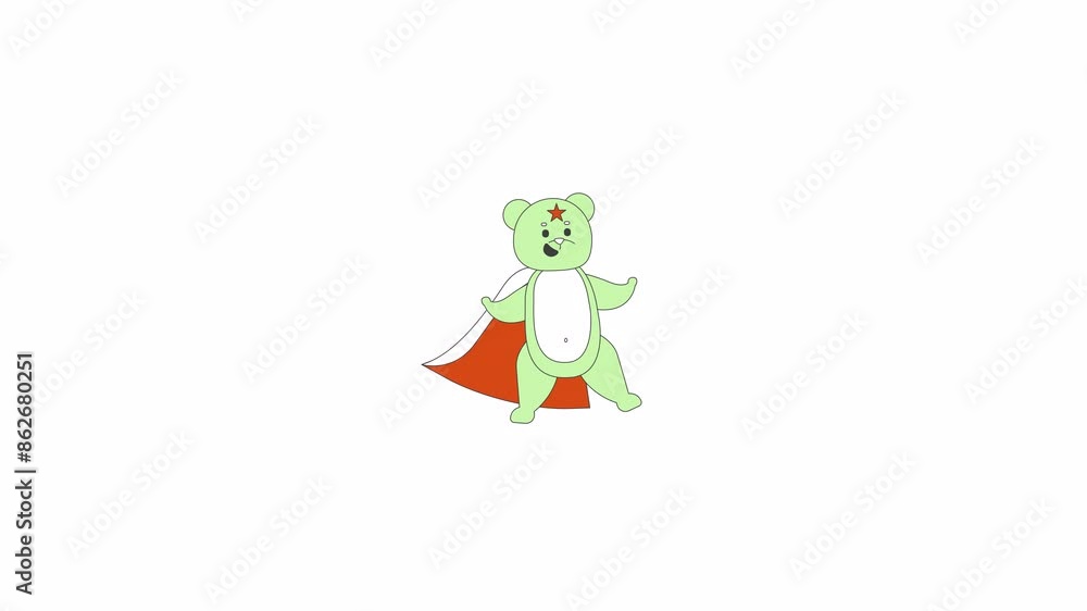 Cute teddy bear with superhero cape line 2D character animation. Imaginary friend flat color cartoon 4K video, alpha channel. Magic animal with superpower animated personage on white background Cute teddy bear with superhero cape line 2D character animation. Imaginary friend flat color cartoon 4K video, alpha channel. Magic animal with superpower animated personage on white background