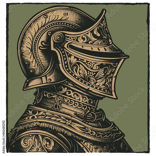Medieval knight head in armour helmet, vector