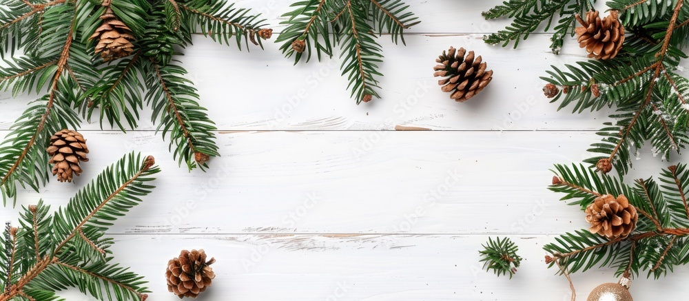 New Year and Christmas theme depicted on a white wooden backdrop with fir branches, cones, and copy space image. New Year and Christmas theme depicted on a white wooden backdrop with fir branches, cones, and copy space image.