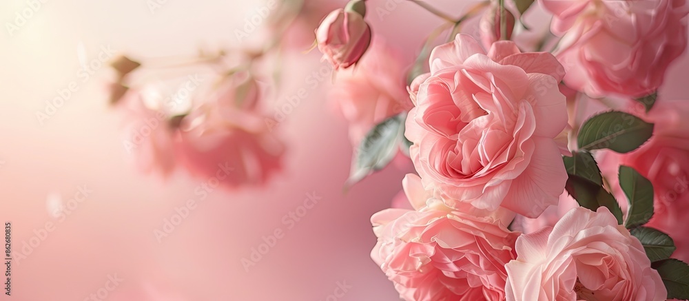 Pink roses with full blooms on a soft pink backdrop denote romance and weddings. Available copy space image. Pink roses with full blooms on a soft pink backdrop denote romance and weddings. Available copy space image.