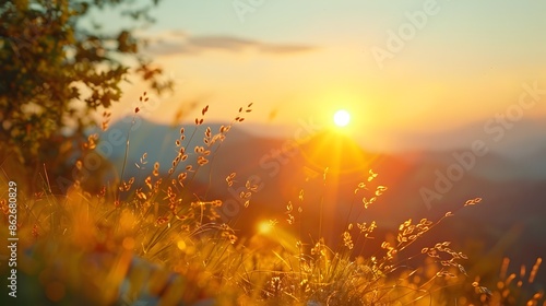 Magnificent Sunset Over Mountain Range Landscape with Vibrant Sky and Soft Lighting © vanilnilnilla