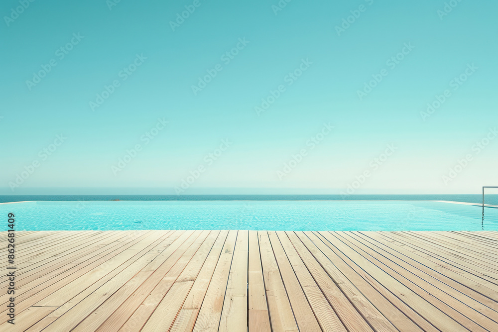Fototapeta premium Empty wooden deck with swimming pool , Beautiful minimalist pool side view with clear blue sky.