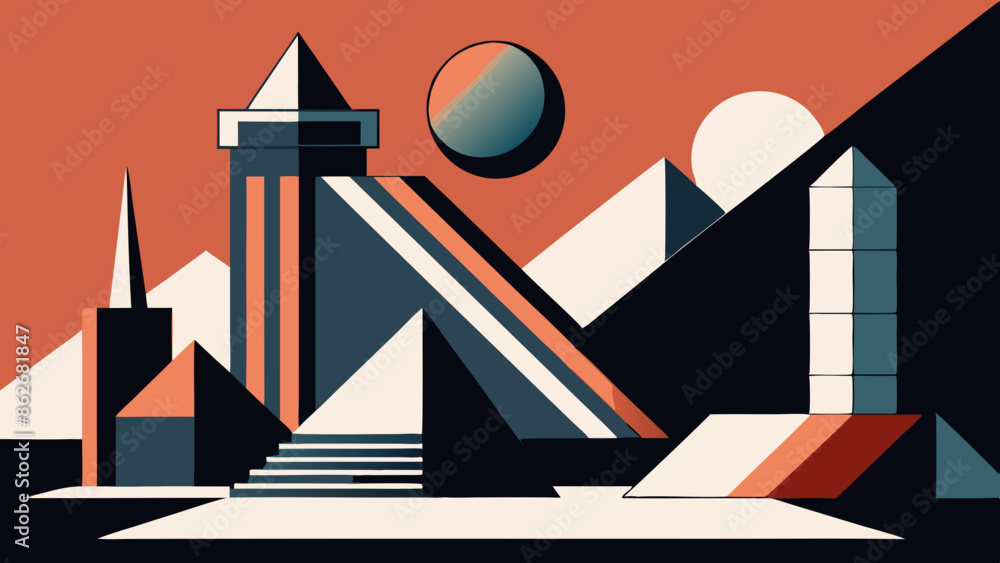 Obraz premium Modern Geometric Cityscape Art with Abstract Shapes and Retro Palette