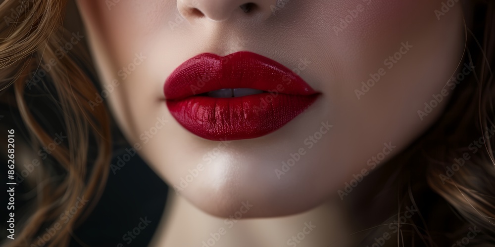 A woman with red lips and long hair. The lips are very full and the woman has a very pretty smile A woman with red lips and long hair. The lips are very full and the woman has a very pretty smile