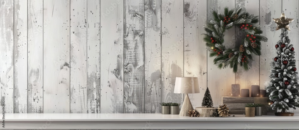 A festive white wooden wall adorned with a rustic wreath, concrete decor, lamp, plants, and a Christmas tree, offering a cozy decor scheme with copy space image. A festive white wooden wall adorned with a rustic wreath, concrete decor, lamp, plants, and a Christmas tree, offering a cozy decor scheme with copy space image.