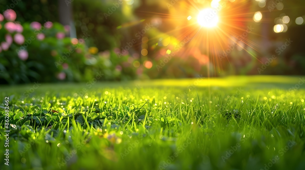 Naklejka premium Sunlit Garden Scene with Blurred Lush Greenery and Warm Illumination