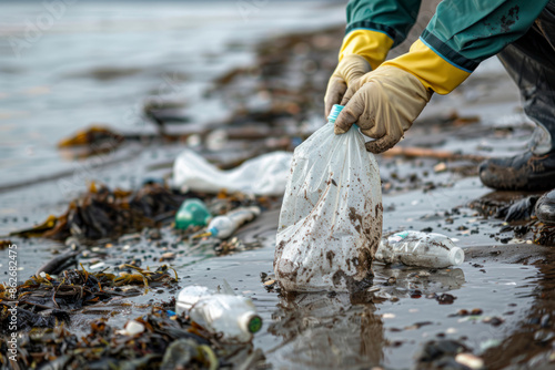 A volunteer collects garbage on a muddy beach. Close-up.