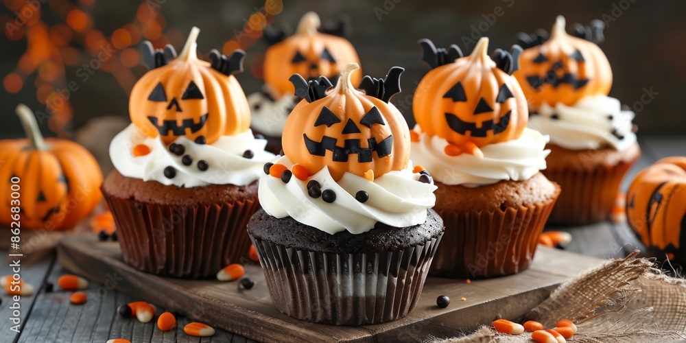 A table with a variety of Halloween cupcakes and pumpkin decorations. The cupcakes are arranged in a row, with some of them having pumpkin decorations on top A table with a variety of Halloween cupcakes and pumpkin decorations. The cupcakes are arranged in a row, with some of them having pumpkin decorations on top