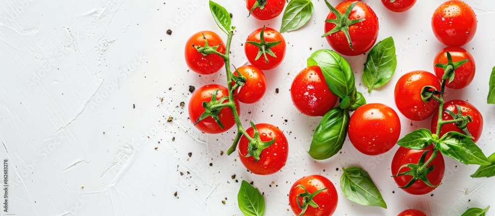 A group of ripe, organic red cherry tomatoes paired with fresh basil on a white backdrop. Represents healthy eating habits, vegetarian lifestyle. Features copy space image. A group of ripe, organic red cherry tomatoes paired with fresh basil on a white backdrop. Represents healthy eating habits, vegetarian lifestyle. Features copy space image.