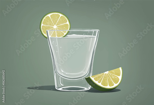a glass of tequila shot with a lime wedge and a half of lime