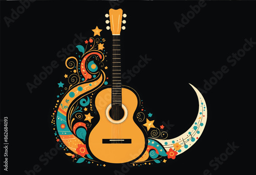 a mexican guitar vihuela is painted on a black background with decorative moon and stars