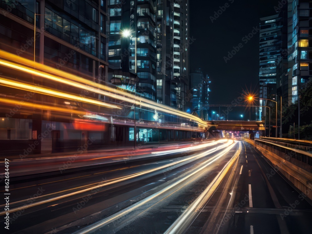 Light trails of traffic rushing through a modern city at night. Concept of speed, progress, business, and urban life. Light trails of traffic rushing through a modern city at night. Concept of speed, progress, business, and urban life.