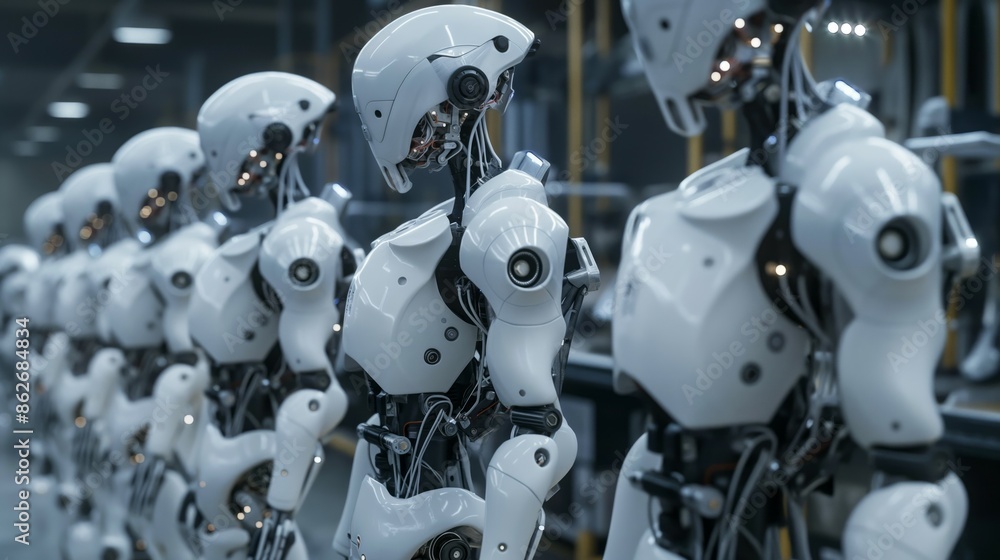 Fototapeta premium Row of humanoid robots in a high-tech factory