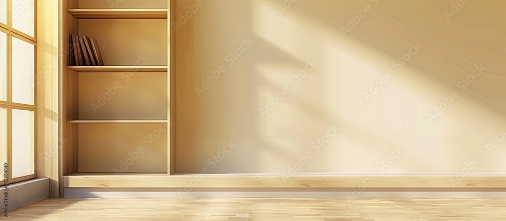 Fototapeta premium Modern room interior featuring a shelf unit with empty space for copy space image.