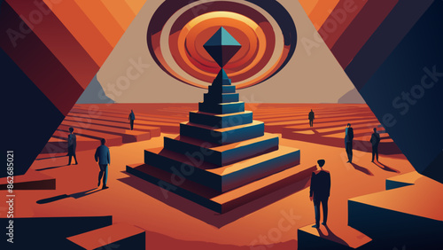 Surreal Pyramid Monument with Figures in Geometric Landscape