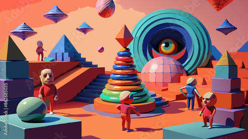 Surreal Digital Landscape with Abstract Geometric Shapes and Figures