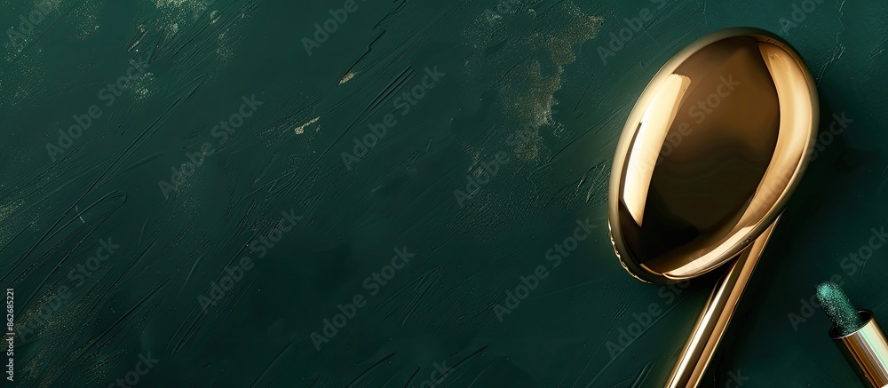 Luxurious golden facial massager with oil dropper for massage, showcased on a dark green background with copy space image, promotes skin care and youthfulness. Luxurious golden facial massager with oil dropper for massage, showcased on a dark green background with copy space image, promotes skin care and youthfulness.