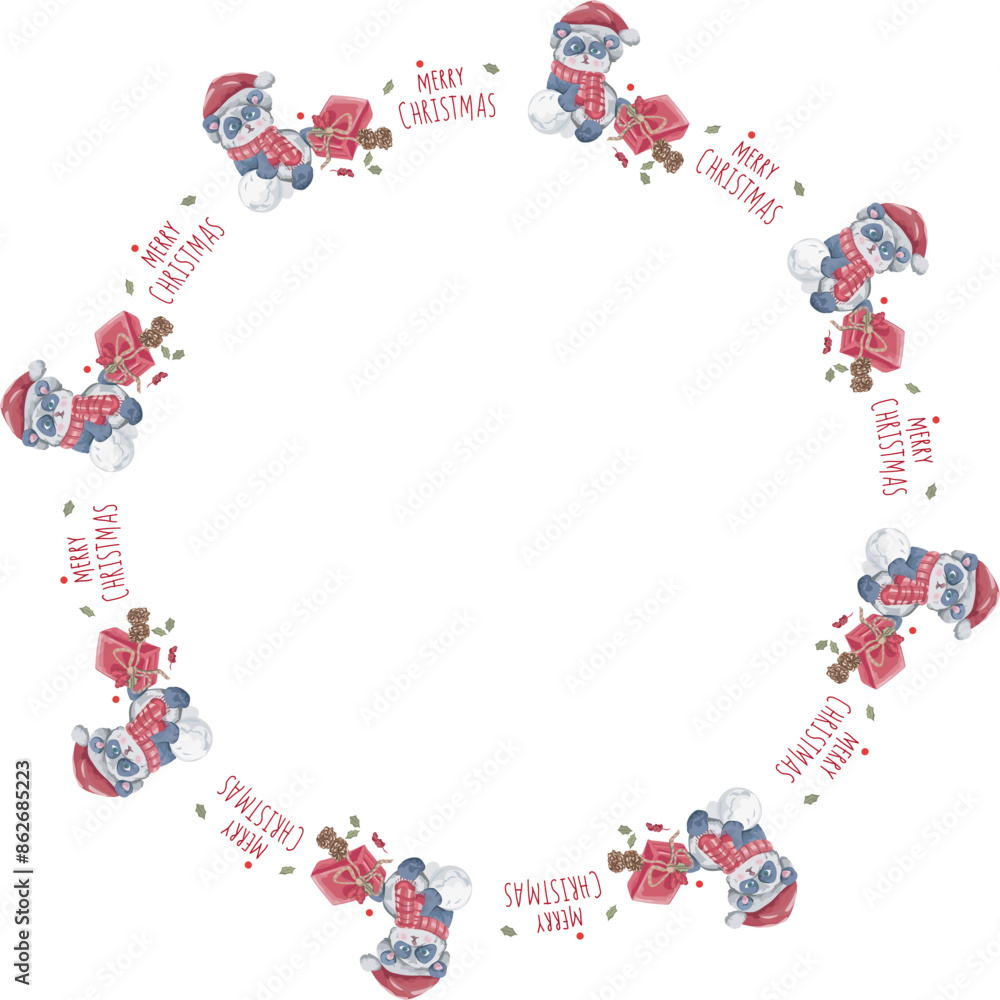 Cartoon panda chritmas wreath illustration on transparent background. Cartoon panda chritmas wreath illustration on transparent background.