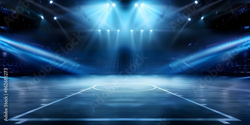 Spotlight illuminating an empty basketball court in a dark arena a striking image. Concept Basketball Court, Spotlight, Dark Arena, Striking Image