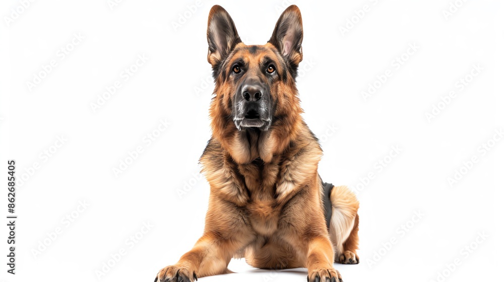Loyal German shepherd in an alert pose, detailed and centered, isolated on white, perfect for security dog training or breed education Loyal German shepherd in an alert pose, detailed and centered, isolated on white, perfect for security dog training or breed education