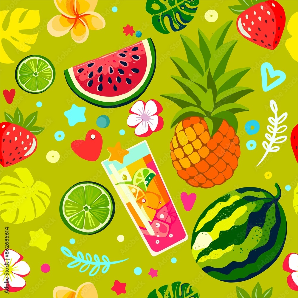 Summer vibe - seamless pattern of isolated cartoon illustrations on the theme of summer, vacation, exotic, tropics. Digital illustration for fabrics, wrapping paper, scrapbooking, backgrounds Summer vibe - seamless pattern of isolated cartoon illustrations on the theme of summer, vacation, exotic, tropics. Digital illustration for fabrics, wrapping paper, scrapbooking, backgrounds
