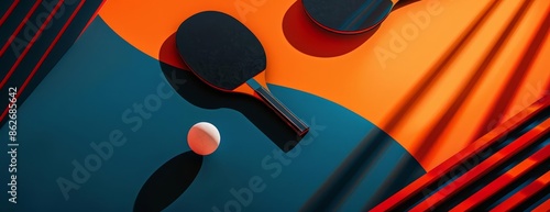 Top-down perspective of two table tennis rackets, a tournament poster set against an abstract backdrop, sleek 3D rendering, ample room for text, energetic and modern aesthetic
