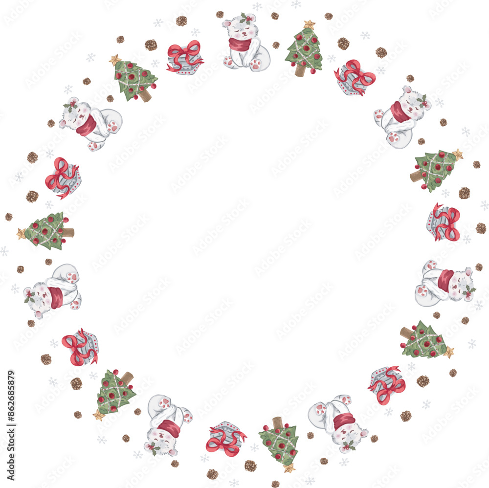 Cartoon polar bear chritmas wreath illustration on transparent background. Cartoon polar bear chritmas wreath illustration on transparent background.