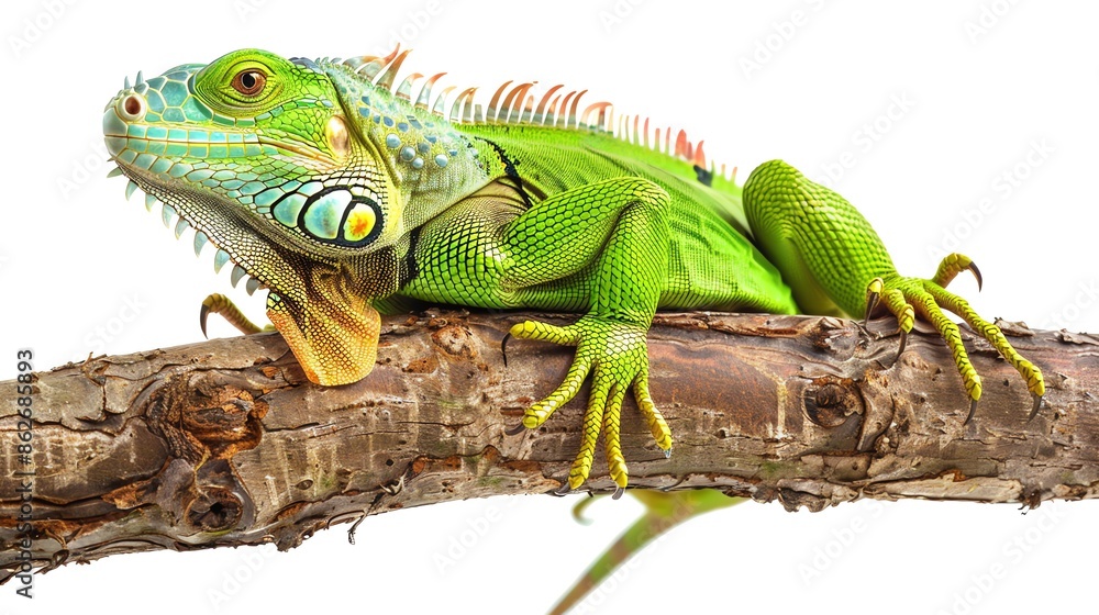 Fototapeta premium Vibrant green iguana on a branch, detailed and isolated, available , ideal for reptile care or pet store displays