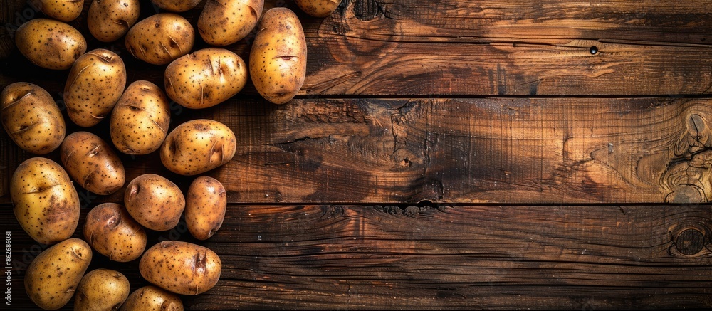 Brown washed potatoes arranged on a wooden surface with copy space image. Brown washed potatoes arranged on a wooden surface with copy space image.