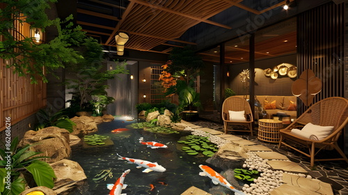 A harmonious spa environment with a focus on tranquility and nature. The setting includes an indoor garden area with a small koi pond, where colorful fish swim serenely. Comfortable seating areas photo