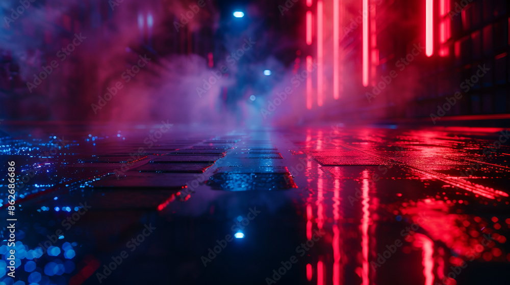 3D Abstract Scene, Futuristic Concept World, Fantastic Flight In Smoke Past The Tall Columns, Retro Neon Style. 3D Background With Elements For Banners, Posters, Templates. Fashion Render Design 3D Abstract Scene, Futuristic Concept World, Fantastic Flight In Smoke Past The Tall Columns, Retro Neon Style. 3D Background With Elements For Banners, Posters, Templates. Fashion Render Design