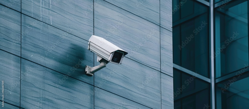 Surveillance camera mounted on the office building with a blank space for images. Copy space image. Place for adding text and design Surveillance camera mounted on the office building with a blank space for images. Copy space image. Place for adding text and design