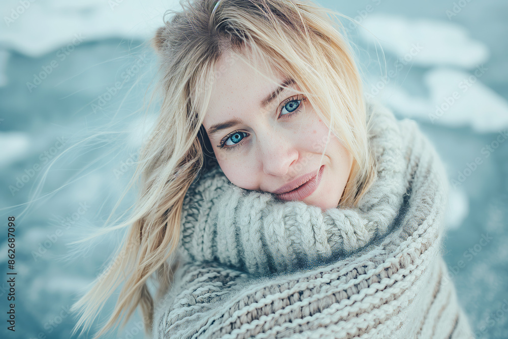 Blonde woman with blue eyes wrapped in a warm wool scarf in a cold landscape. Blonde woman with blue eyes wrapped in a warm wool scarf in a cold landscape.