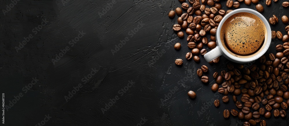 Coffee cup with coffee beans on a black background, featuring copy space image. Coffee cup with coffee beans on a black background, featuring copy space image.