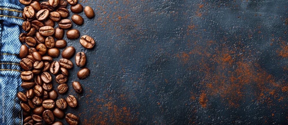 Background featuring coffee beans and denim with copy space image. Background featuring coffee beans and denim with copy space image.