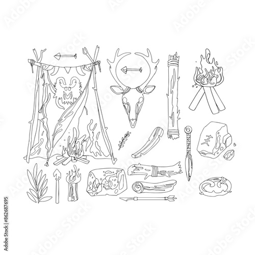Ancient Survival Gear: Illustration of a man's primitive weaponry including a rock club, a stone-bound stick, spear, fire torch, hammer, axe, and adornments of skull and teeth beads.