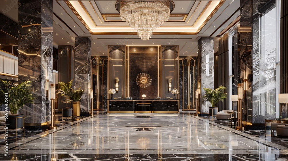 Fototapeta premium High-End Hotel Lobby Design with Gold Detailing and Plush Seating Areas
