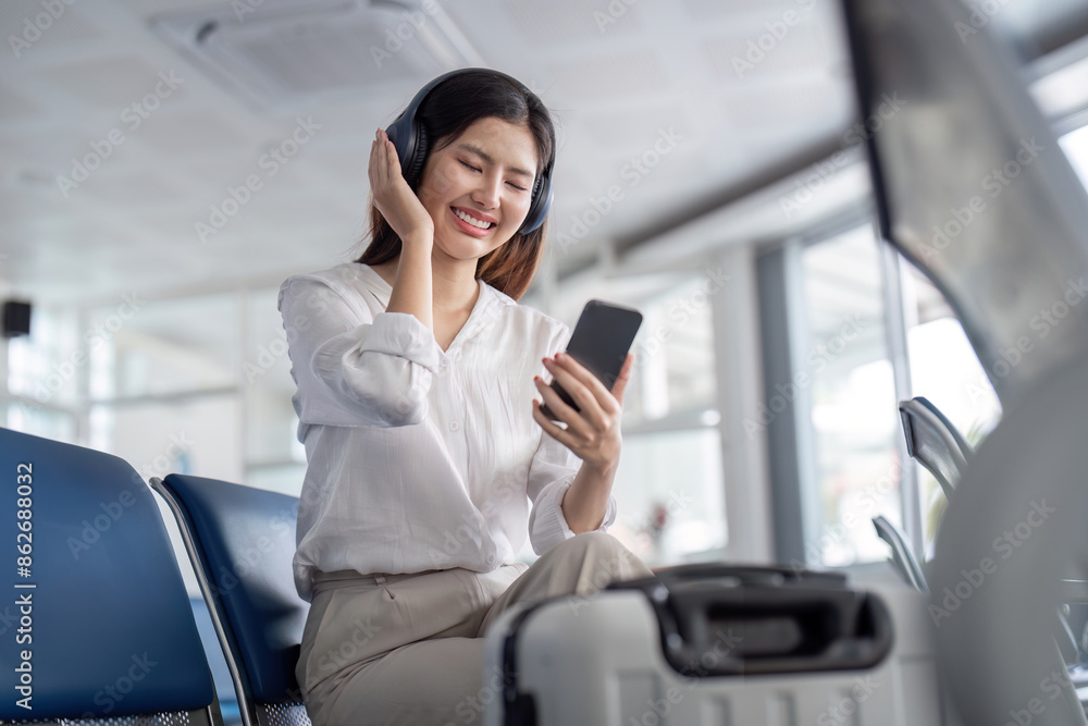 Businesswoman Traveler at Modern Airport Terminal Using Smartphone and Headphones While Waiting for Flight Businesswoman Traveler at Modern Airport Terminal Using Smartphone and Headphones While Waiting for Flight