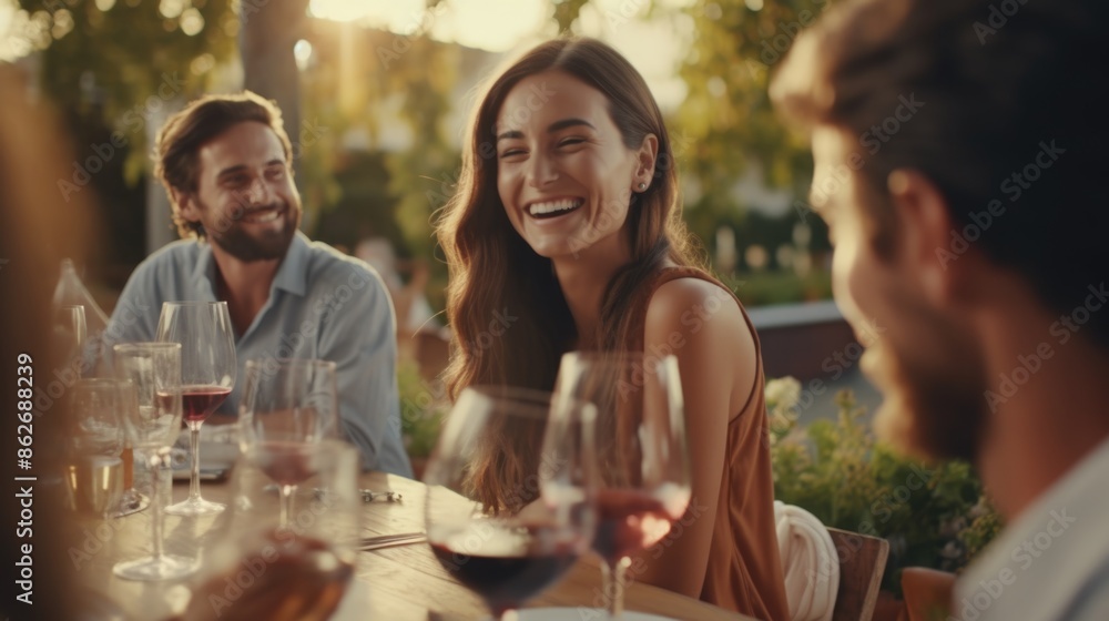 A group of people are sitting around a table with wine glasses and smiling. Scene is happy and relaxed A group of people are sitting around a table with wine glasses and smiling. Scene is happy and relaxed