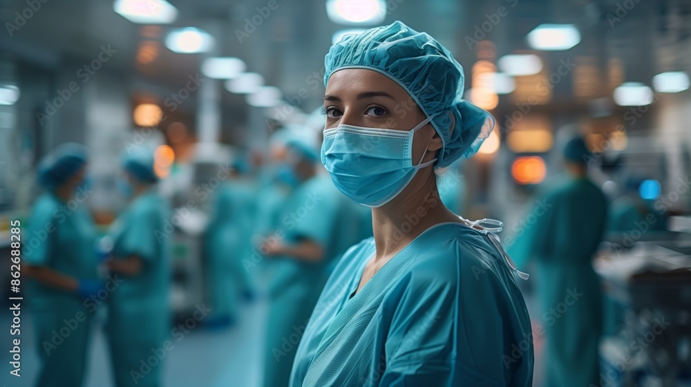 Female Surgeon Wearing Surgical Mask and Gown in Hospital Operating Room Female Surgeon Wearing Surgical Mask and Gown in Hospital Operating Room
