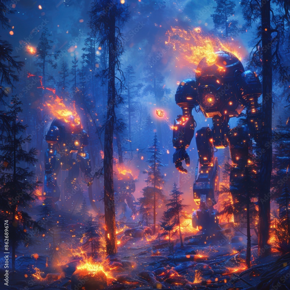 A scene of bioluminescent wildlife fleeing a blazing forest, surrounded by neon embers and futuristic firefighting robots in action A scene of bioluminescent wildlife fleeing a blazing forest, surrounded by neon embers and futuristic firefighting robots in action