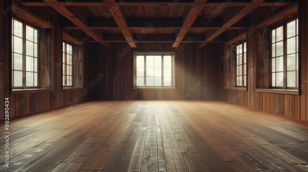 A large room with wooden floors and windows. The room is empty and has a very open feel A large room with wooden floors and windows. The room is empty and has a very open feel