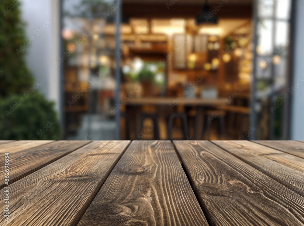 Rustic wooden table with blurred cafe interior background Rustic wooden table with blurred cafe interior background