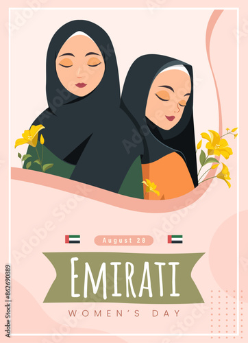 Emirates Women's Day Design with Female with Hijab Vector Illustration. Emirati Womens Day Template Suitable for Poster Banner Flyer Background. UAE Women's Day August.