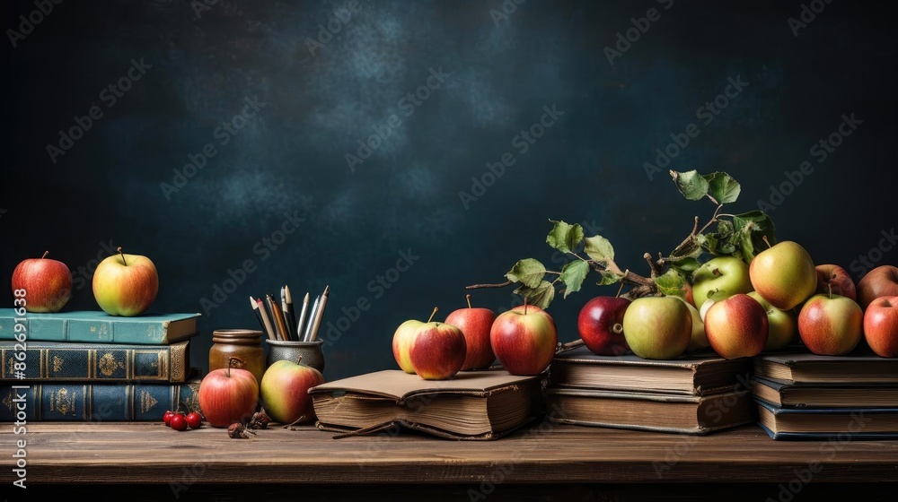 pile of books, stationery and apples on a wooden table with a minimalist background pile of books, stationery and apples on a wooden table with a minimalist background
